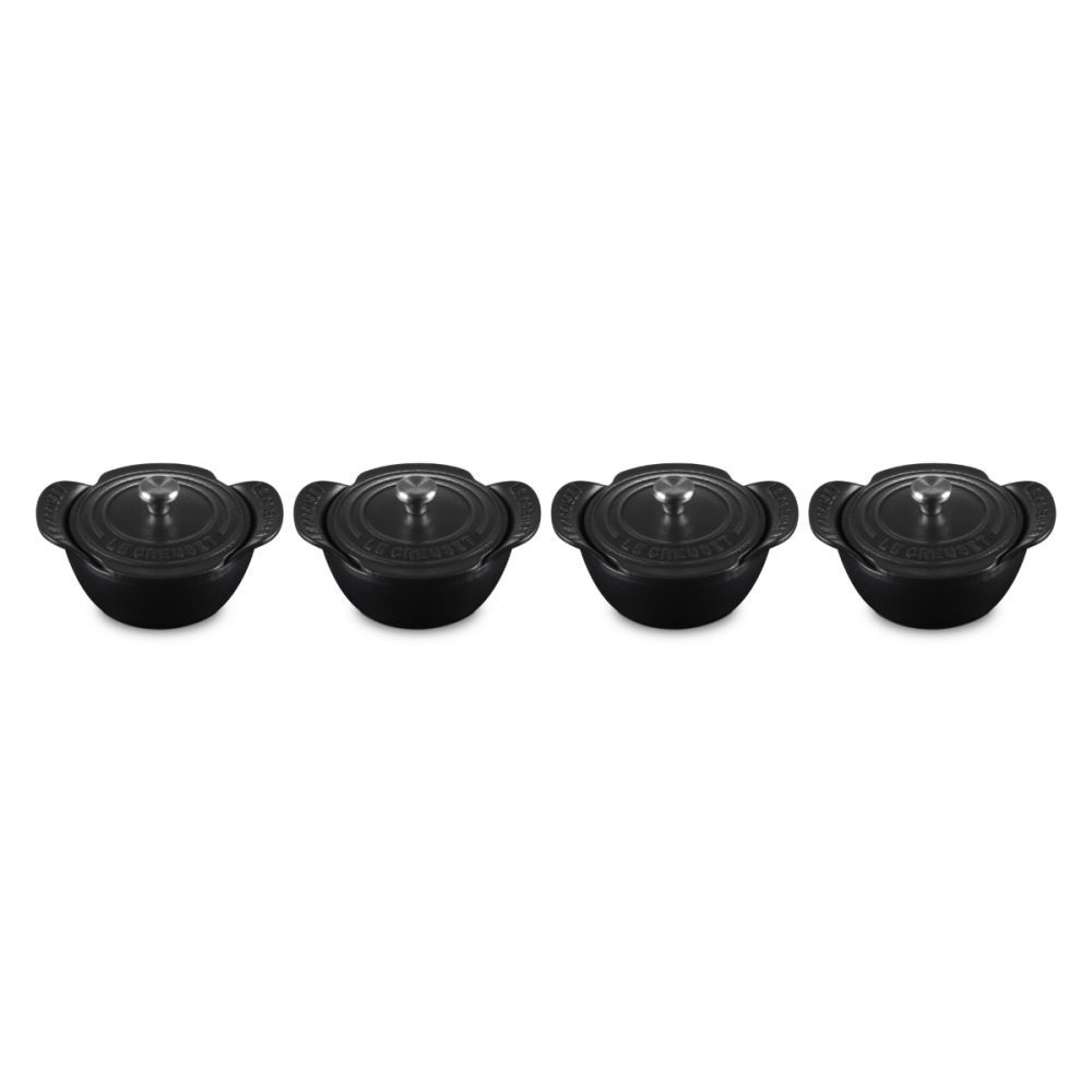 Set of 4  Mini Round Cocotte 1/3 QT Matte Black Ss Knob | Le Creuset