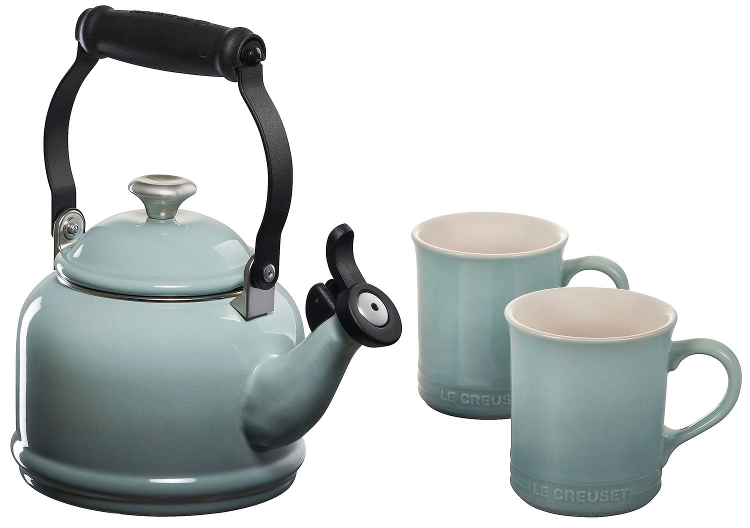 Demi Kettle w/ SS Knob &amp; 2 Mug Set - Sea Salt, 1.25 qt. Kettle &amp; (2) 14 oz. Mugs | Le Creuset