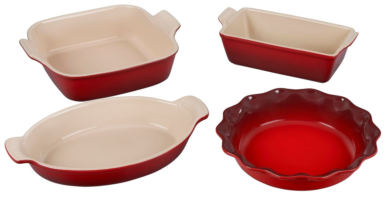 4 Piece Heritage Bakeware Set - Cerise (9-inch Loaf Pan, 9-inch Pie Dish, 3 qt. Square Baking Dish and  1 3/4qt. Oval Baking Dish) | Le Creuset