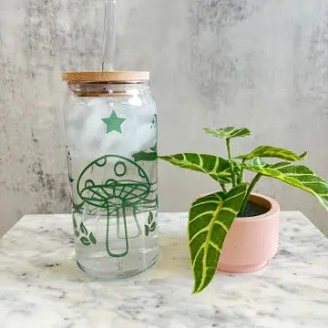 Mushroom Cup Beer Can Glass with Lid, Minimalist Boho Mug