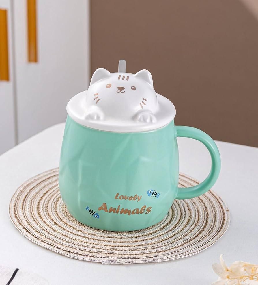 Adorable Cat 14oz Mug With Lid and Straw Green | Urban Tokyo
