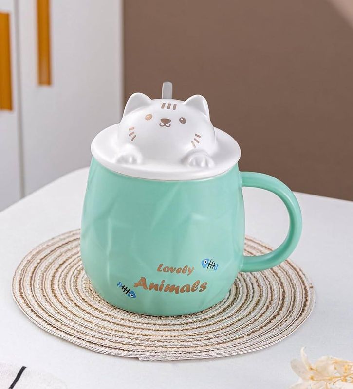 Adorable Cat 14oz Mug With Lid and Straw Green | Urban Tokyo