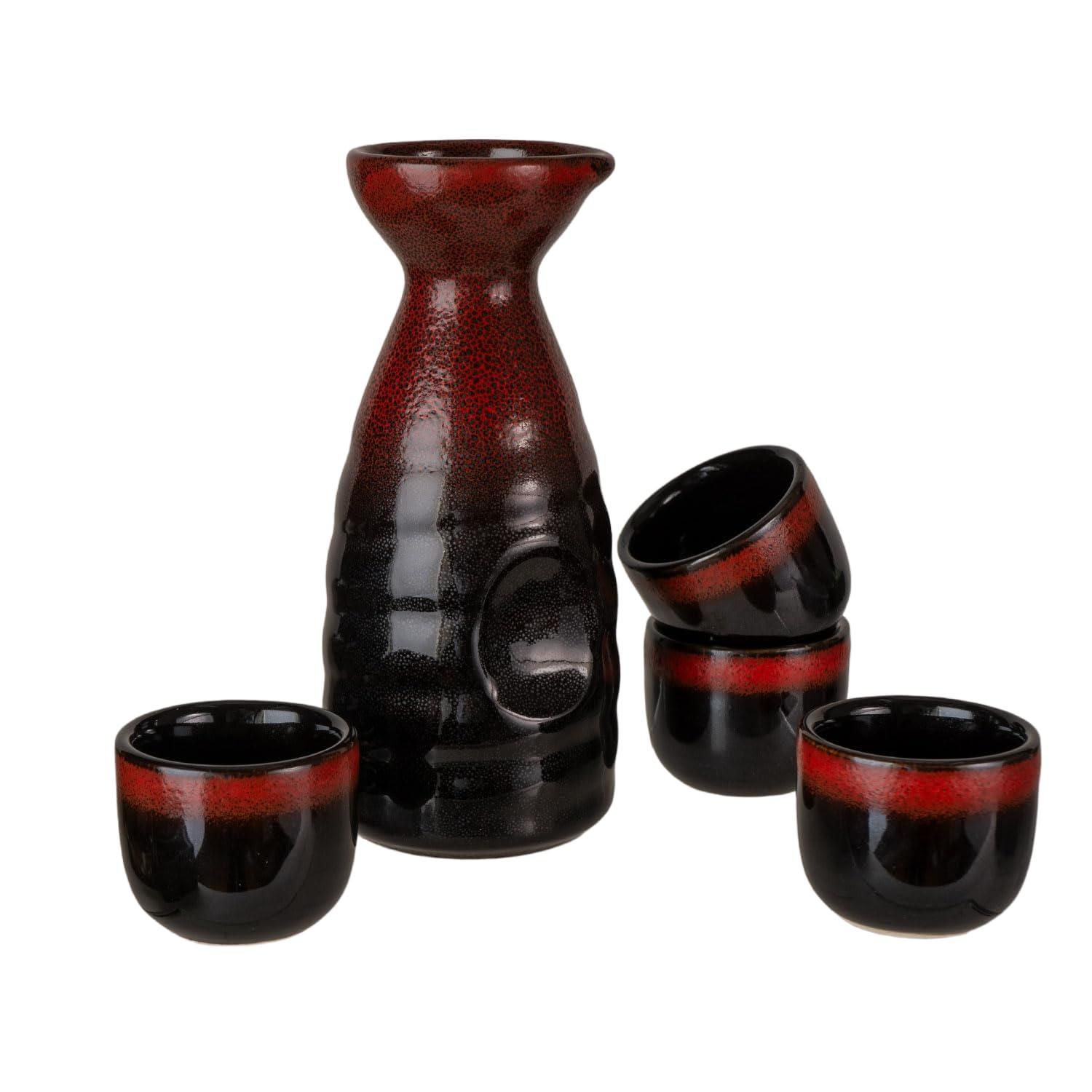 Red and Black Glazed 10oz Sake Bottle and 4 Cups Gift Set | Urban Tokyo