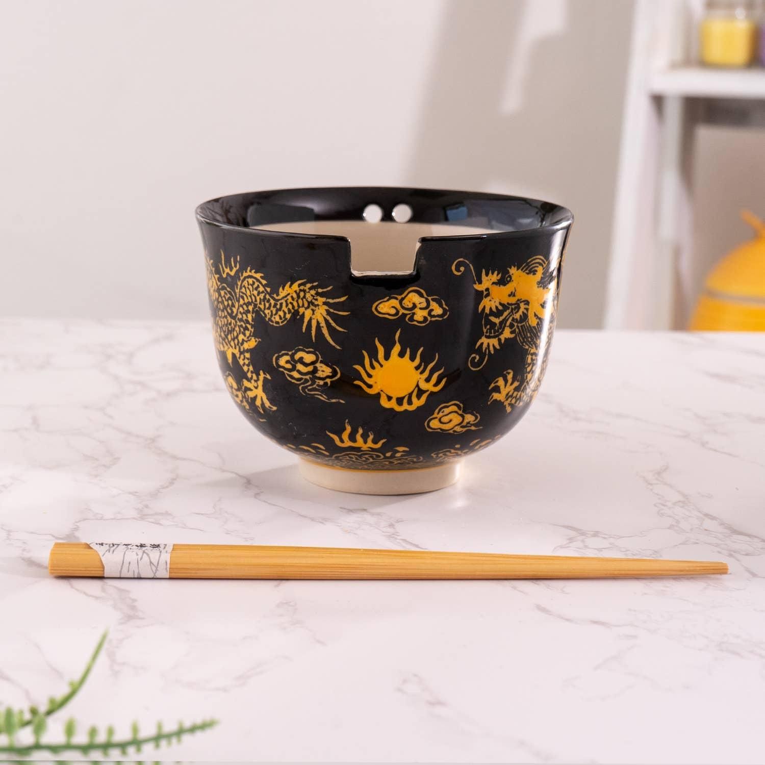 Black Dragon Design 18oz 5.25&quot;D Bowl With Chopsticks Set | Urban Tokyo