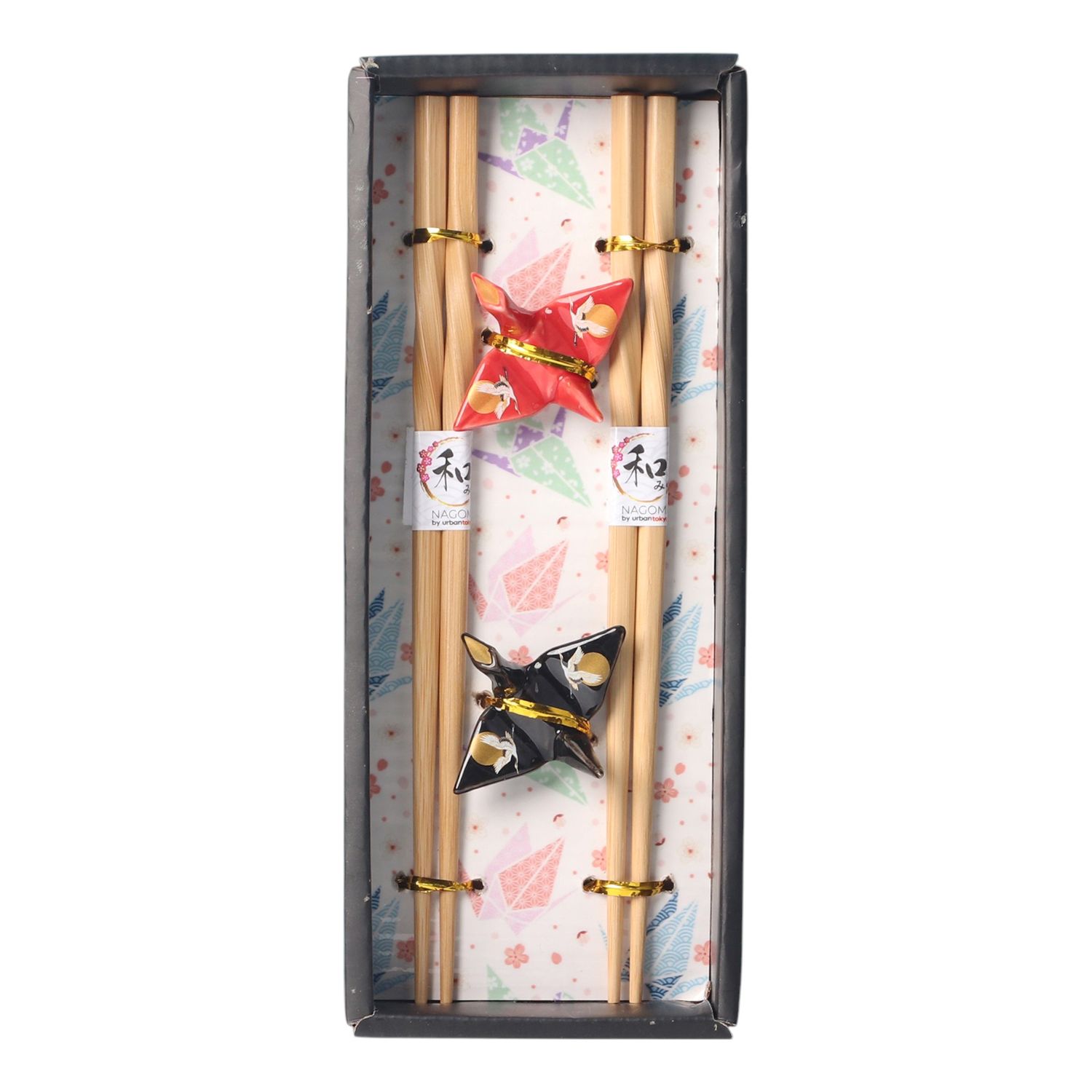 Asanoha Design Origami Crane 2 Pair Chopsticks and Chopsticks Rests Gift Set (1/48) | Urban Tokyo