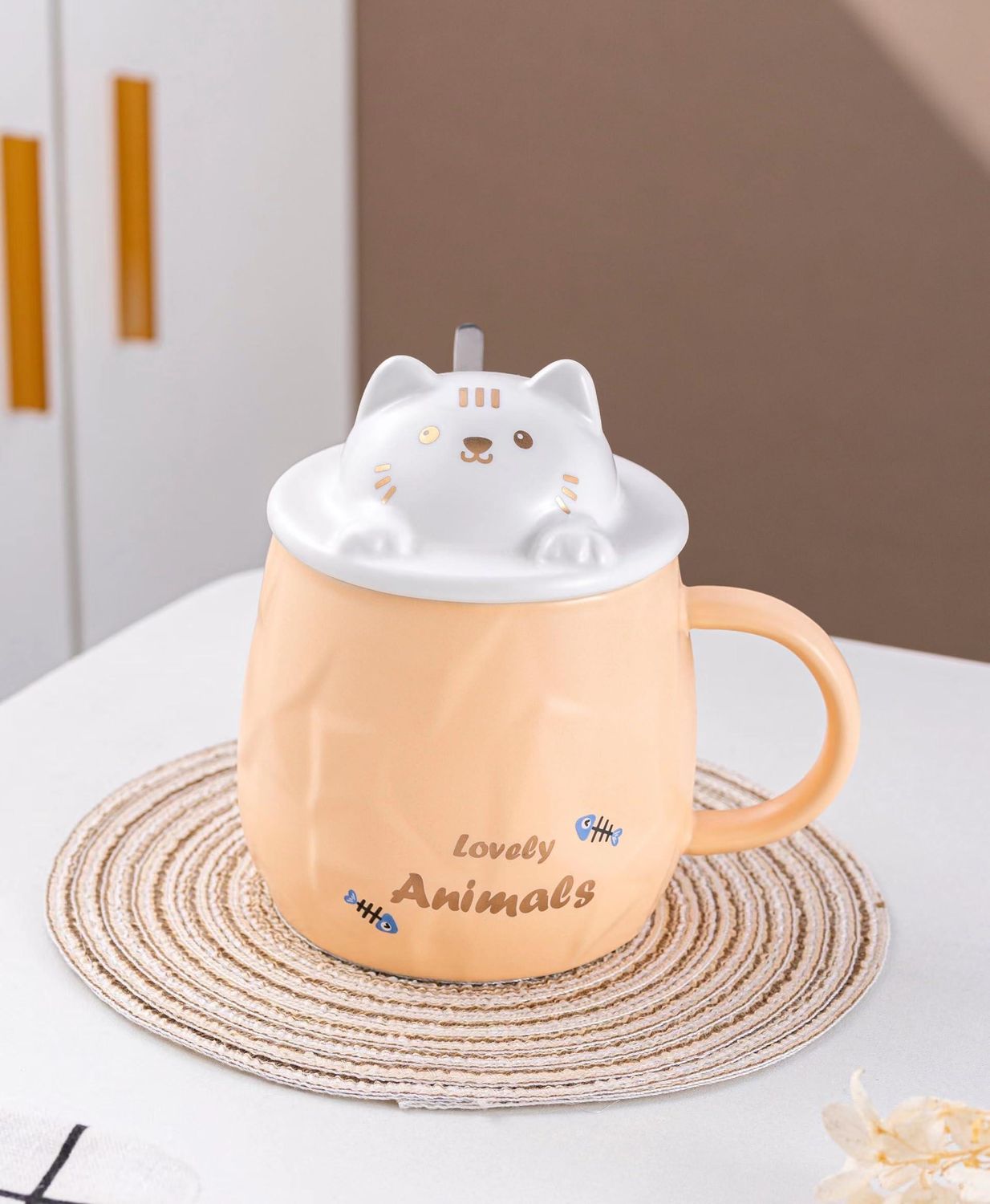 Adorable Cat 14oz Mug With Lid and Straw Orange | Urban Tokyo