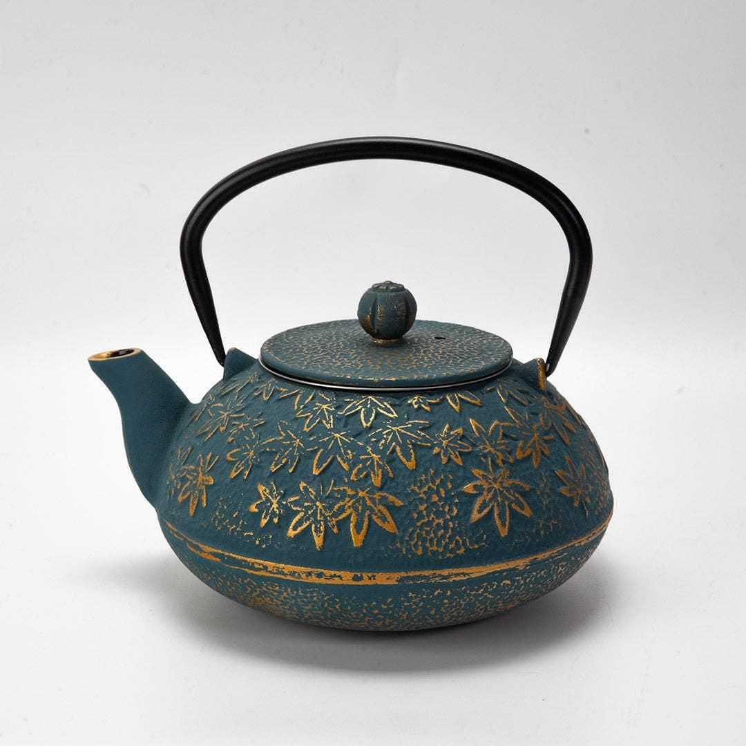 Turquoise Maple Leaves Momiji Design 40oz Cast Iron Tea Pot (1/8) | Urban Tokyo