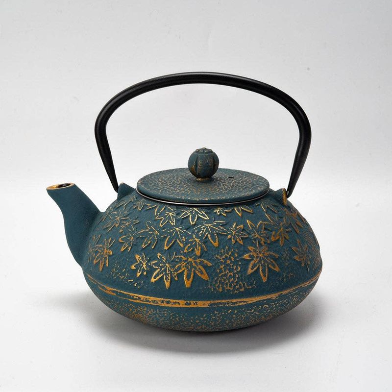 Turquoise Maple Leaves Momiji Design 40oz Cast Iron Tea Pot (1/8) | Urban Tokyo
