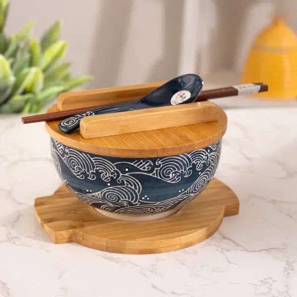 Wave Nami Bowl w/ Chopsticks, Spoon, Lid and Trivet Set | Urban Tokyo