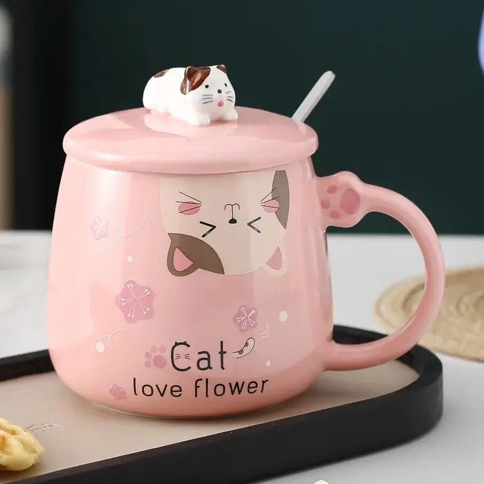 Cat Love Flower 15oz Mug With Lid and Spoon | Urban Tokyo