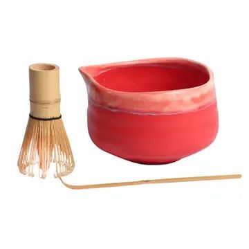 Matcha Set 20oz Porcelain Latte Bowl with Whisk and Scoop Red Pink (1/16) | Urban Tokyo