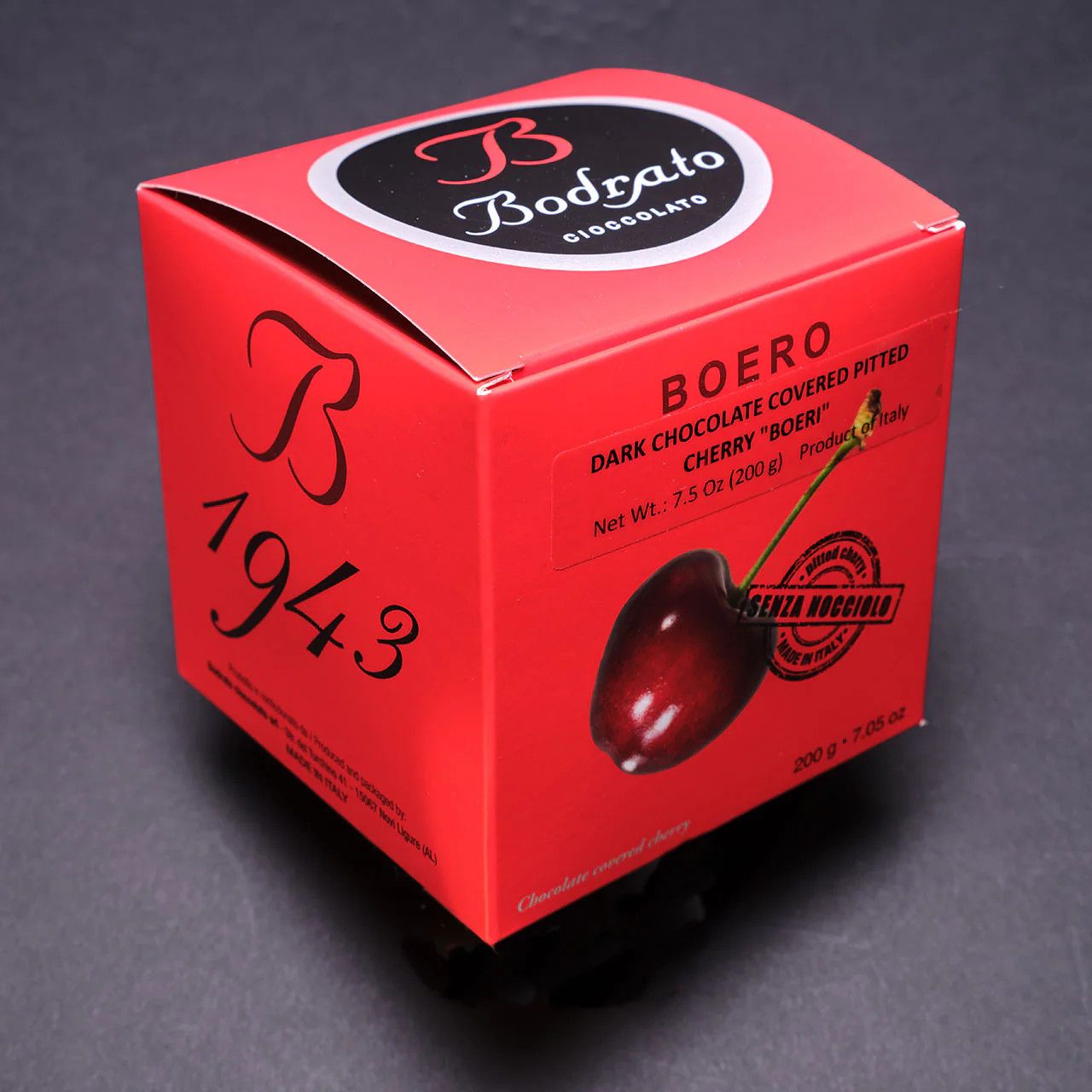 BODRATO CHOCOLATE-COVERED GRAPPA-DIPPED CHERRIES, WITHOUT PITS, BOX 7.05 OZ