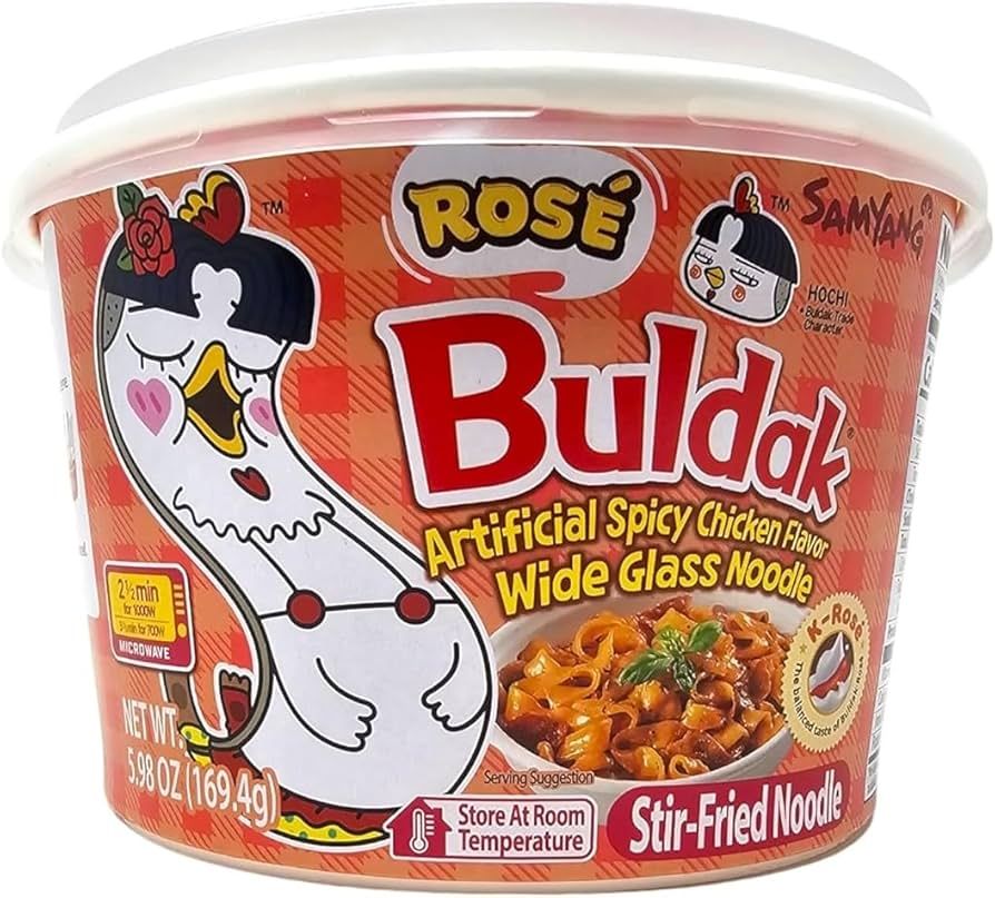 K- Rose Buldak Stir - Fried Noodle , Artificial Spicy Chicken Flavor Wide Glass Noodle , 5.98 oz