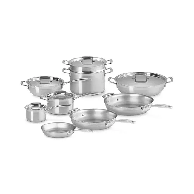 14 Piece Set Classic Stainless Steel (9.5 in, Fry Pan, 11 in. Fry Pan, 12.5 in. Fry Pan, 3.5 qt. Chef's Pan with Lid, 1.5 qt. Saucepan with Lid, 3 qt. Saucepan with Lid, 5 qt. Braiser, and 7.25 qt. Pa