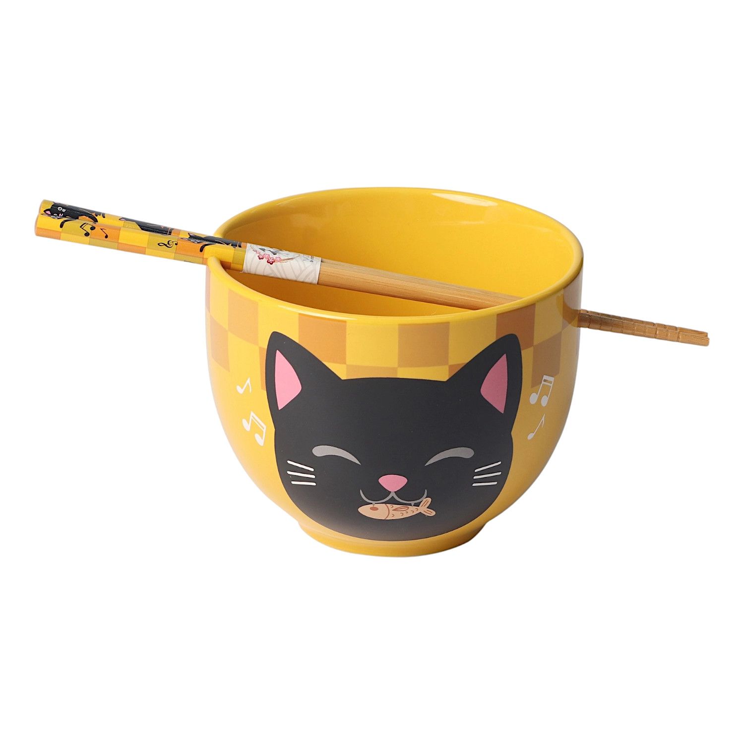 18oz 5"D Donburi Bowl With Chopsticks Set,  Neko Friends Yellow