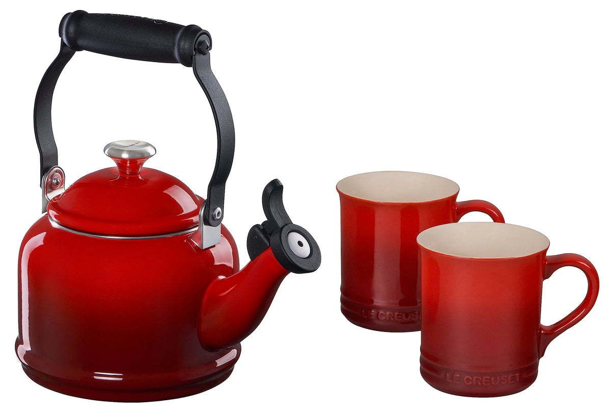 Demi  Kettle w/ SS Knob &amp; 2 Mug Set - Cerise  | Le Creuset