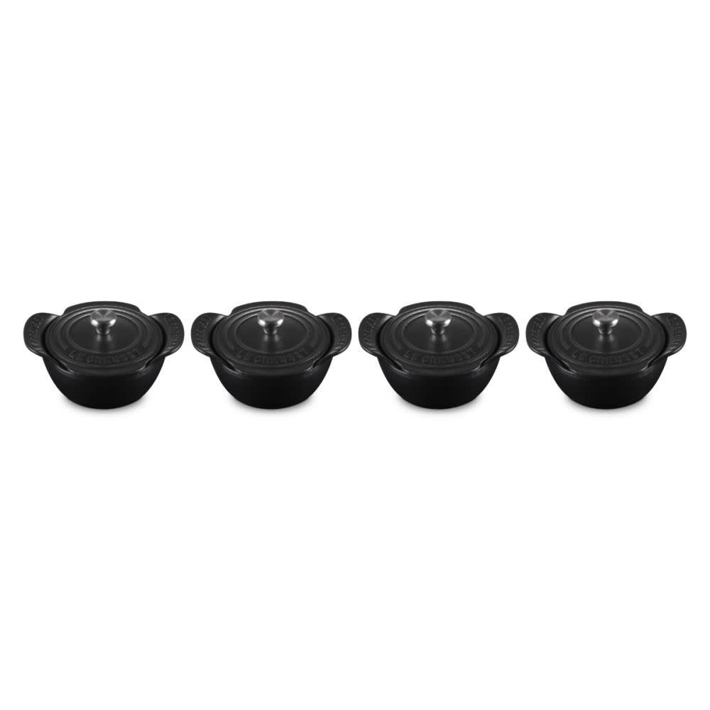 Set of 4 Mini Round Cocotte 1/3 QT Matte Black Ss Knob  | Le Creuset