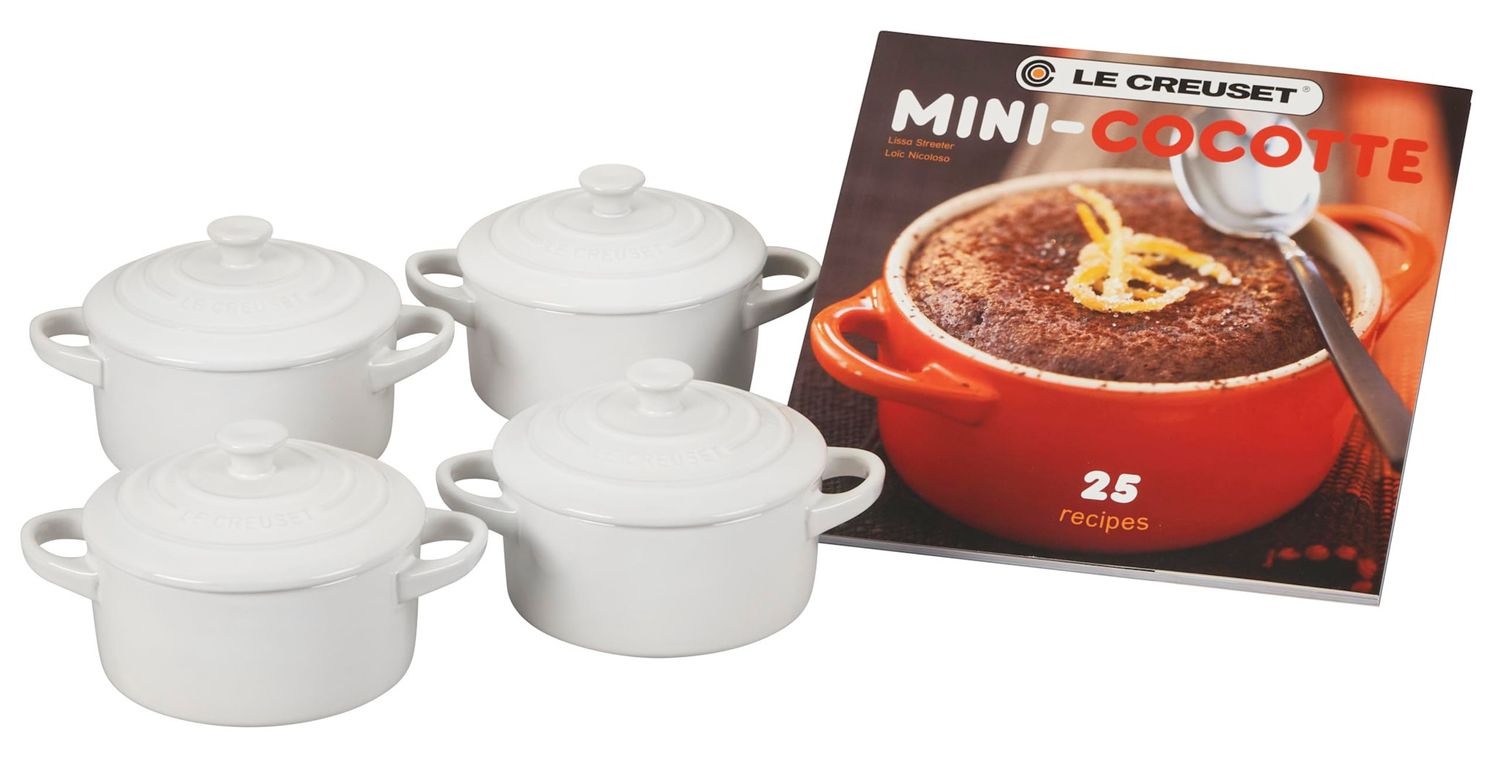 Set of 4 Cocottes w/ Mini-Cocotte Cookbook: White 8 oz. | Le Creuset