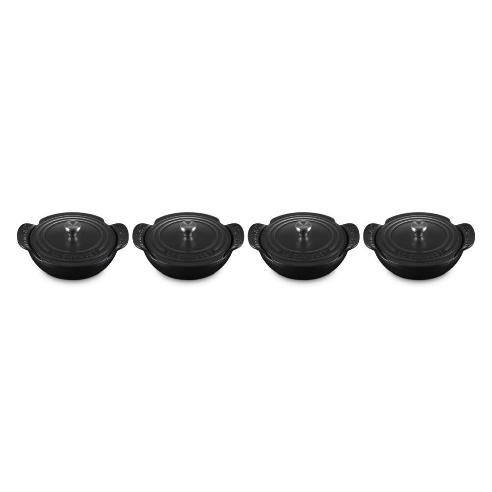 Set of 4 Mini Round Braiser 1/3 QT Matte Black Ss Knob  | Le Creuset