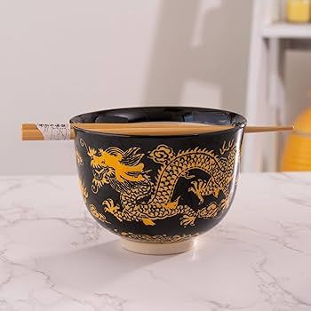Black Dragon Design 18oz 5.25"D Bowl With Chopsticks Set | Urban Tokyo