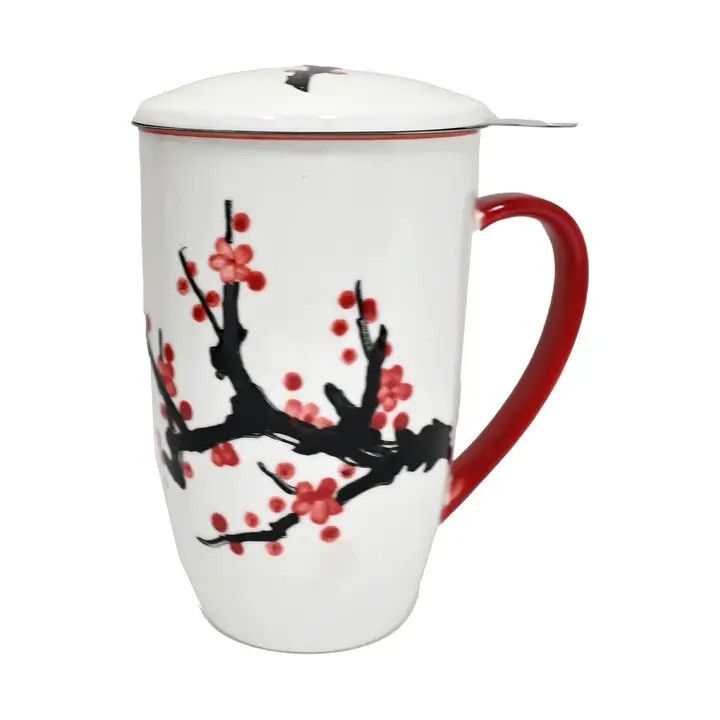 Sakura Cherry Blossoms Design 15oz Tea Mugs with Lid and Infuser for Loose Leaf Tea (4/32) | Urban Tokyo