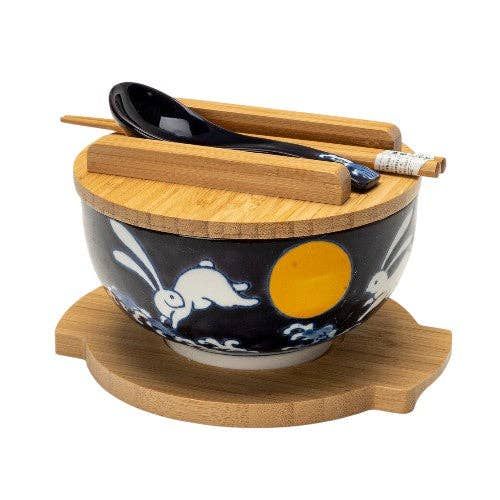 Moon Rabbit 28oz 6"D Bowl With Chopsticks, Spoon Bamboo Lid and Trivet Set (1/8) | Urban Tokyo