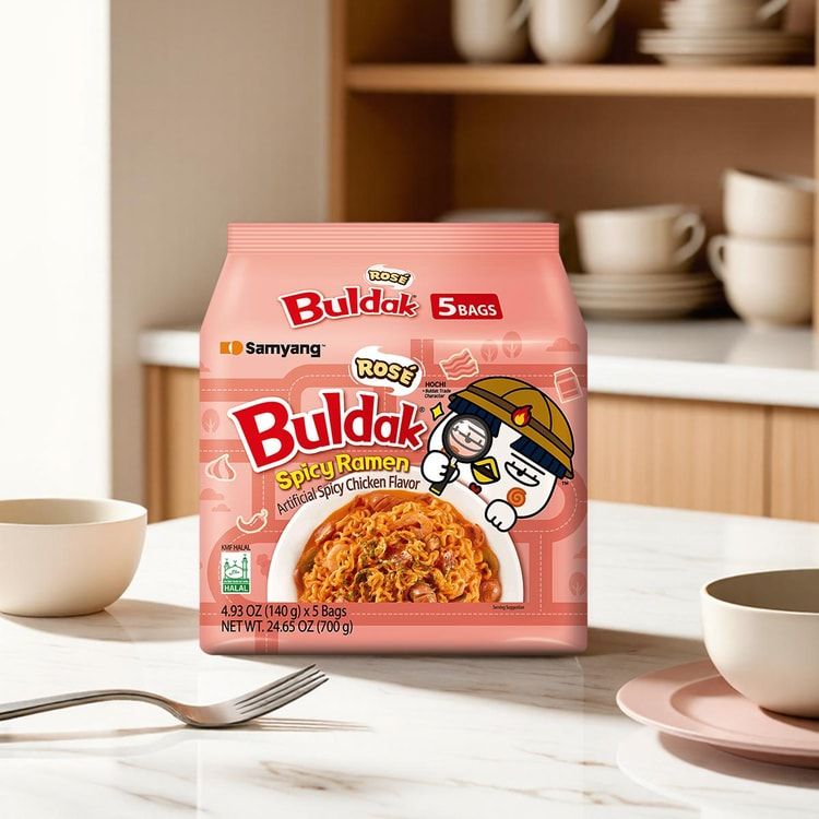 Rose Buldak Spicy Ramen, Artificial Spicy Chicken Flavor, Stir-Fried Instant Noodles, 24.65 oz