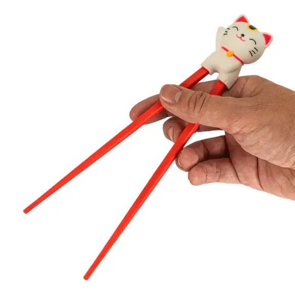 Lucky Cat Training Chopsticks for kids and adults, White and Red Cat