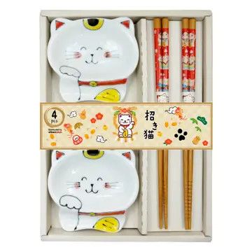 Lucky Cats 2 Pair Wooden Chopsticks and Small Dish Gift Set (1/36)