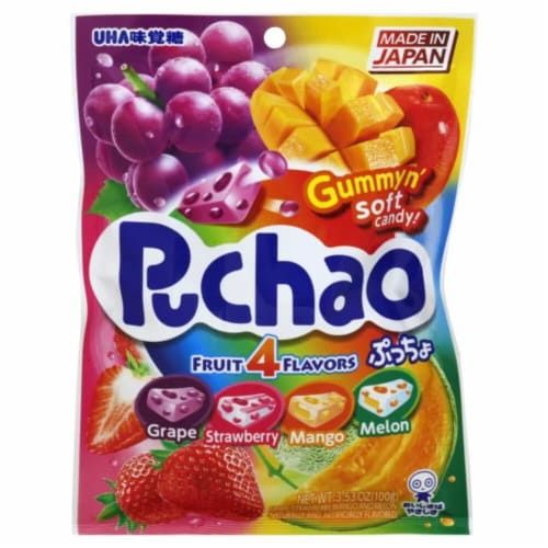 PUCHAO Soft Jelly Gummy Candy Grape Strawberry Mango Melon Flavor 3.53 oz