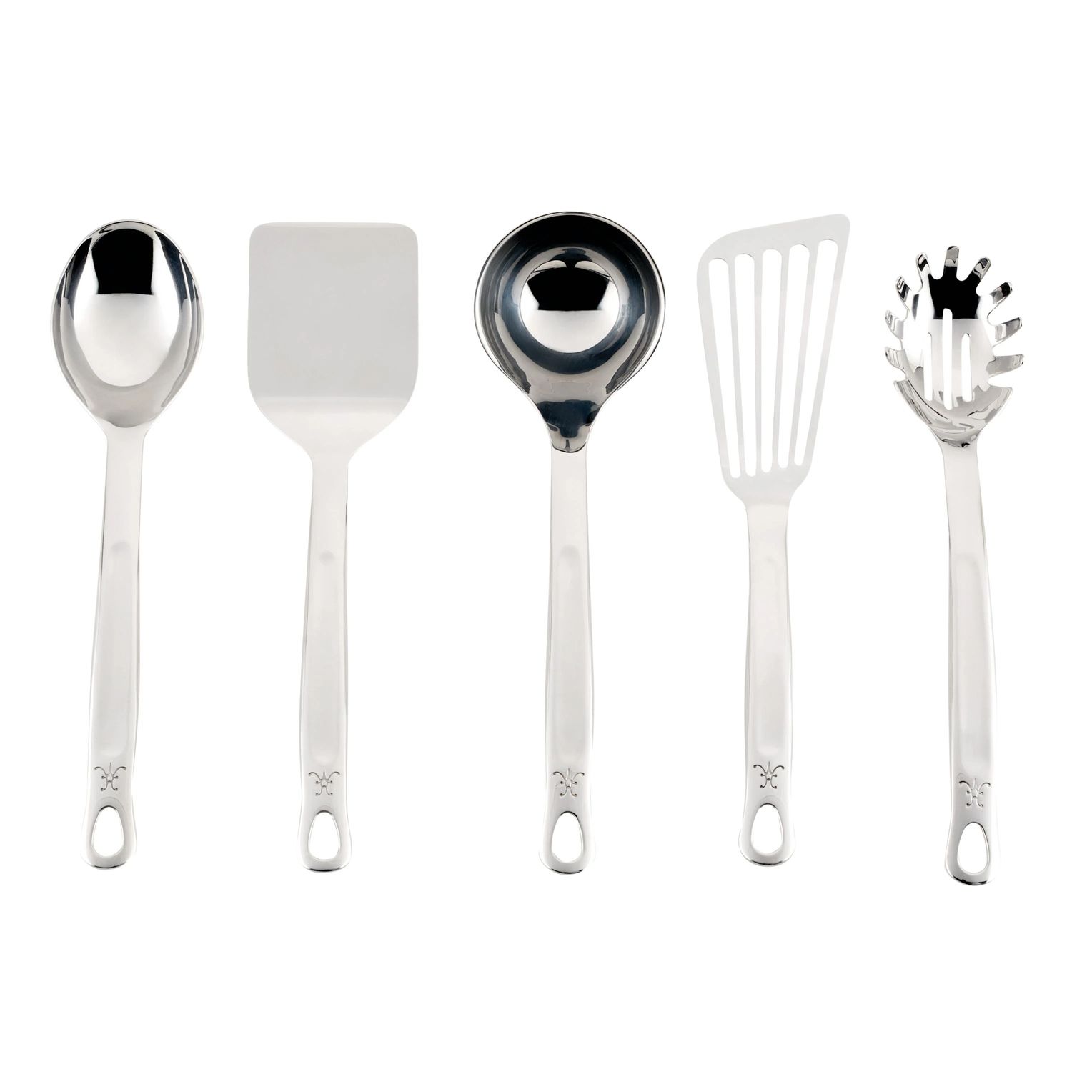 5pc Essential Tool Set includes: Stainless Steel Solid Spoon, Ladle, Pasta Fork, Turner/Spatula, Fish Spatula - Provisions Stainless Steel Chef's Tools | Hestan