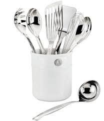 8pc Ultimate Tool Set includes: Porcelain Bain Marie, Stainless Steel Solid Spoon, Slotted Spoon, Ladle, Turner/Spatula, Pasta Fork, Fish Spatula, 12" French Whisk - Provisions Stainless Steel Chef's 