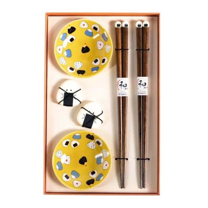Onigiri Rice Ball 2 Pair Wooden Chopsticks, Chopsticks Rest and Sauce Dish Gift Set (1/36)