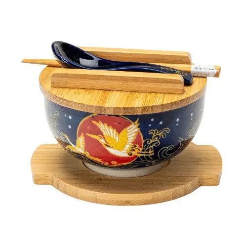 Moon Crane 28oz 6"D Bowl With Chopsticks, Spoon Bamboo Lid and Trivet Set (1/8)