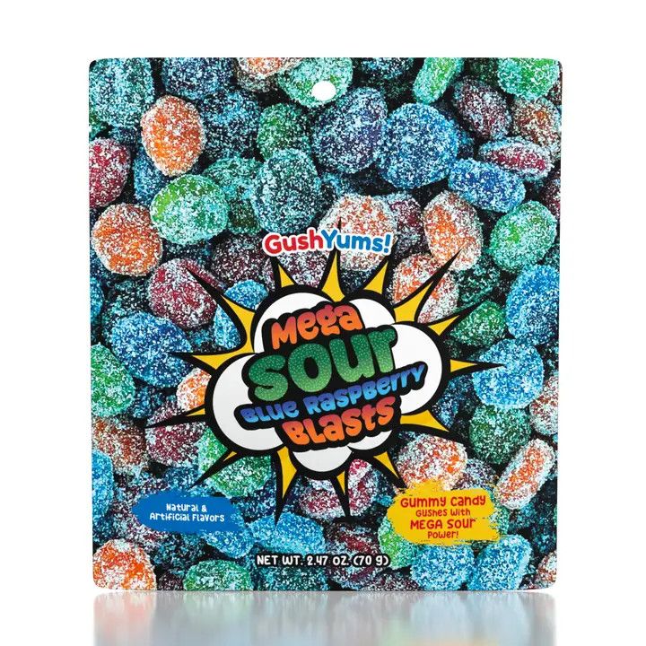 GushYums Mega Sour Blue Raspberry Blasts Gushing Candy 2.4oz