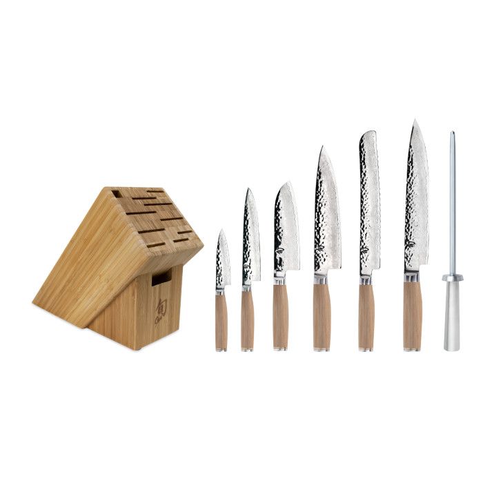 Premier Blonde 8 Pc Professional Block Set: Paring 4", Santoku 5.5", Utility 6.5", Chef's 8", Bread 9", Slicing 9.5", Combination Honing Steel and 11-Slot Bamboo Block.