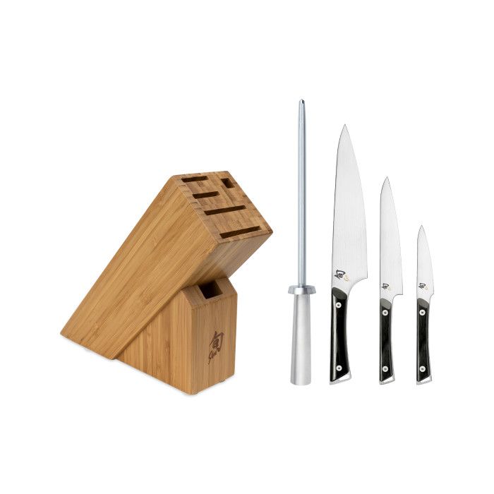 Kazahana 5 Pc Starter Block Set: Paring 3.5", Utility 6", Chef's 8", SS Combination Honing Steel and 6-Slot Slimline Block (DM0845)