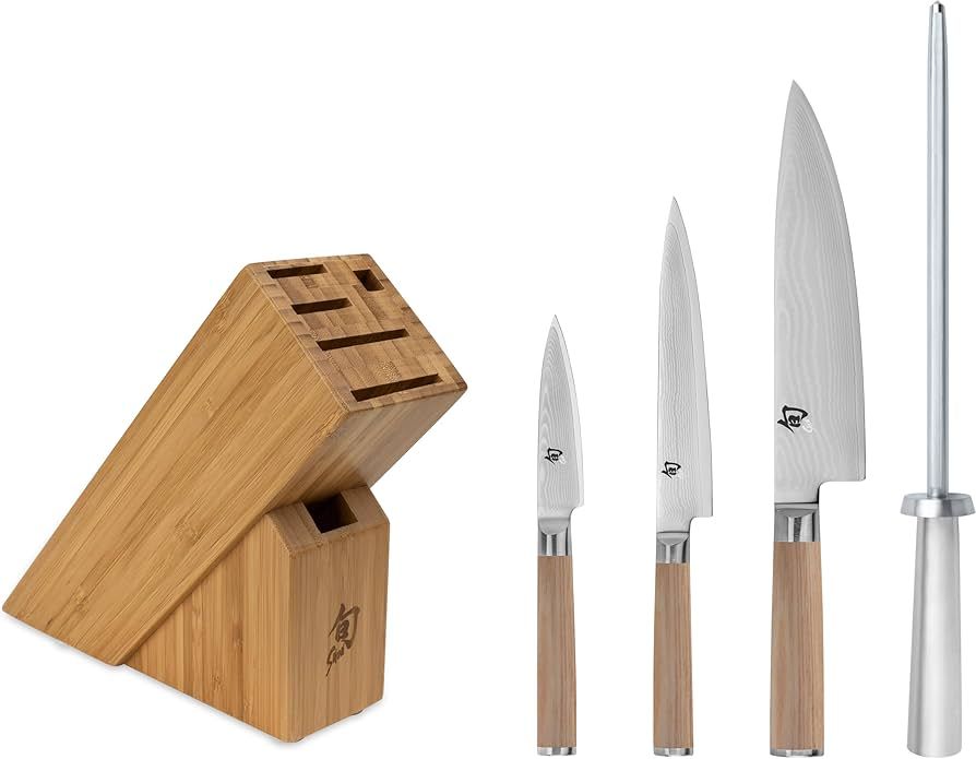 Classic Blonde 5 Pc Starter Block Set: Paring 3.5", Utility 6", Chef's 8", Satin Steel Honing Steel and 6-Slot Slimline Bamboo Block (DM0845).