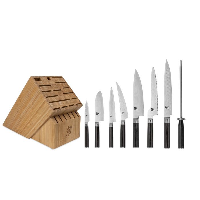 Classic 9 Pc Chef's Choice Block Set: Paring 3.5", Santoku 5.5", Utility 6", Boning/Fillet 6", Chef's 8", Offset Bread 8.25", H.G. Slicing 9", Combination Honing Steel and 22-Slot Bamboo Block.