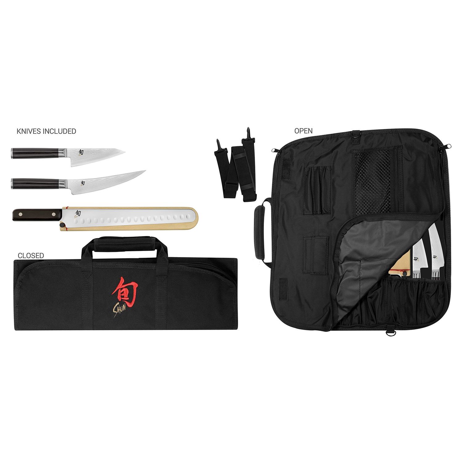 Classic 4 Pc BBQ Set: Asian Multi-Prep 4.5", Boning/Fillet 6", HG Brisket 12" w/ Saya, Shun 8-Slot Knife Roll (DM0880).