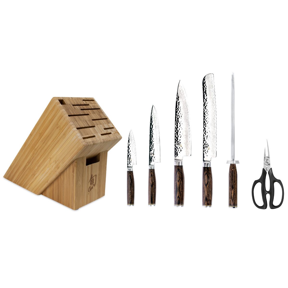 Premier 7 Pc Essential Block Set: Paring 4", Utility 6.5", Chef's 8", Bread 9", Combination Honing Steel, Herb Shears and 11-Slot Bamboo Block.