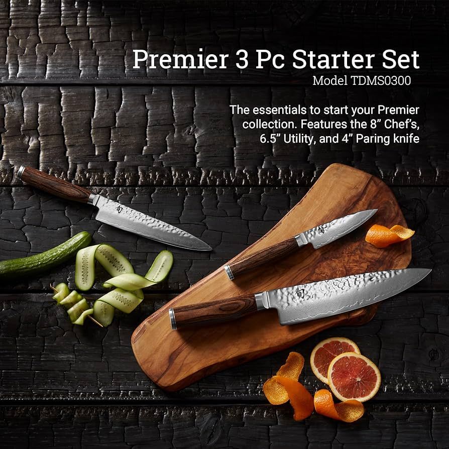 Premier 3 Pc Starter Set: Paring 4", Utility 6.5", Chef's 8" in a boxed set.