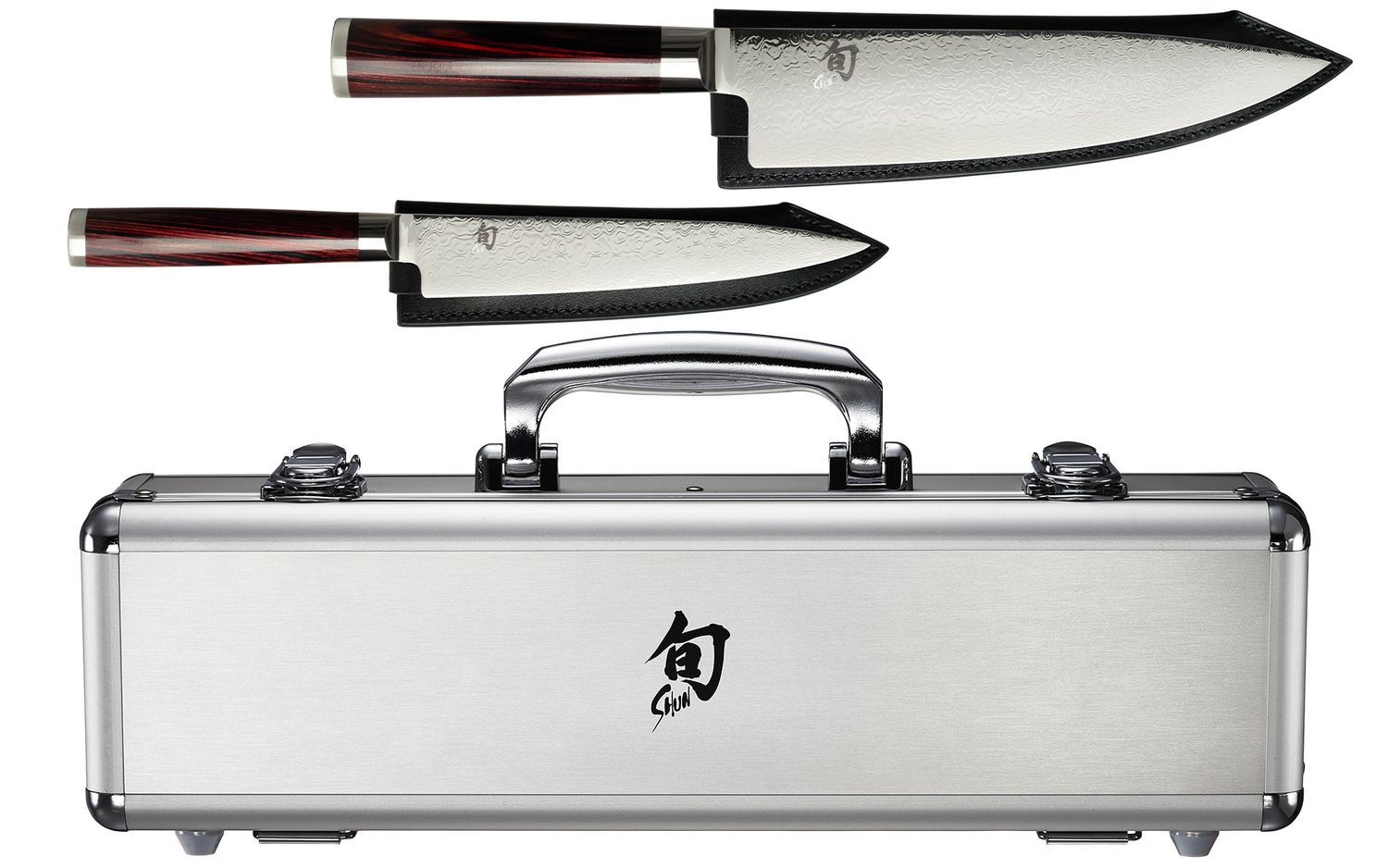 Kohen Anniversary 2 Pc Set:Utility 6" w/Leather Sheath, Chef's 8" w/Leather Sheath, Foam-lined metal case with handle