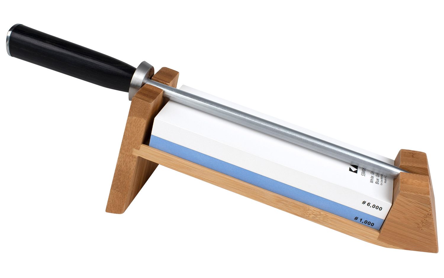3 Pc Whetstone Sharpening System w/ Honing Steel: Combination 1000/6000 Whetstone, Classic Combination Honing Steel, and 16˚ Angled Bamboo Stand.