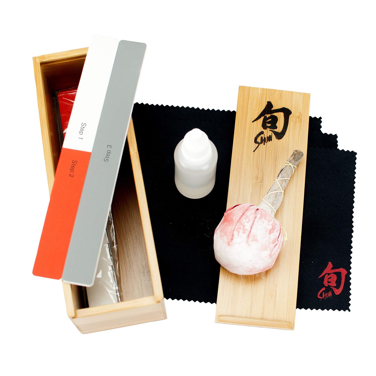 Knife Care Kit: Food-Grade Camilia Oil 2 oz., Rust Removal &amp; Polishing Boards, Uchiko Powder Ball, Shun Polishing Cloths and User Instructions.