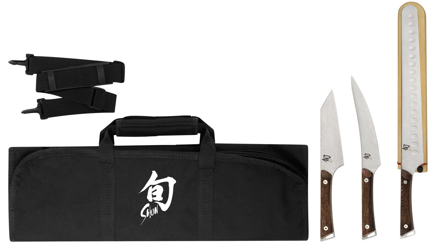 Kanso 4 Pc BBQ Set: Asian Multi-Prep 5", Boning/Fillet 6.5", HG Brisket 12" w/ Saya, Shun 8-Slot Knife Roll (DM0880).