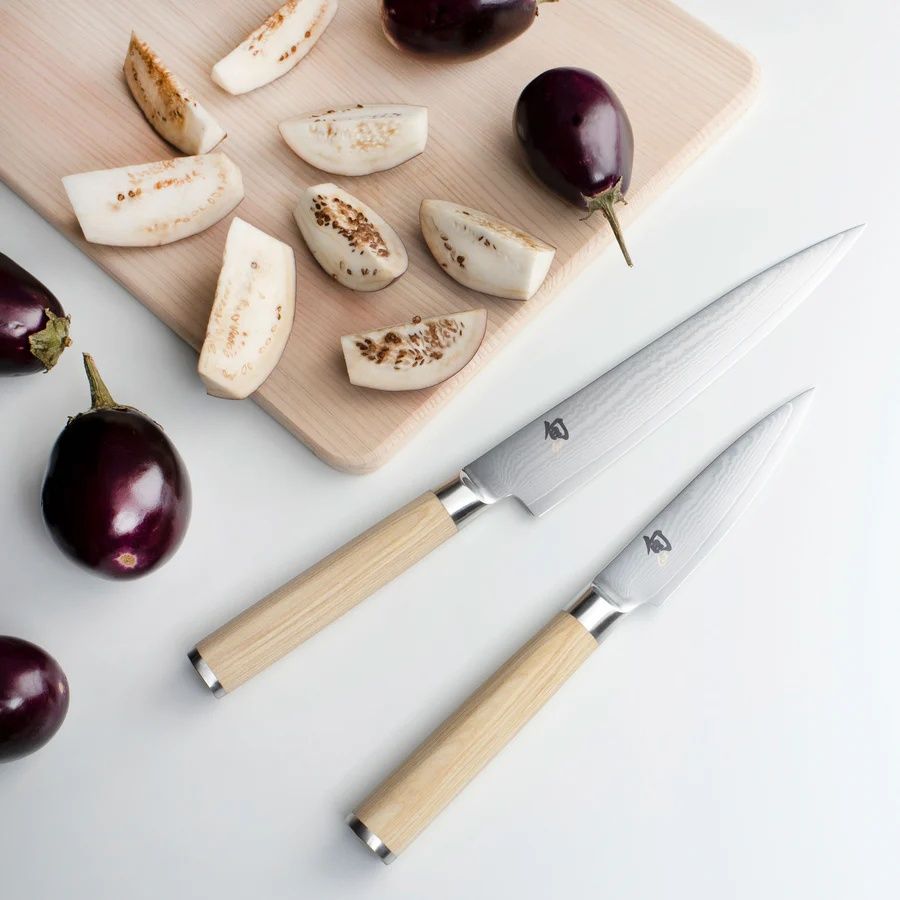 Classic Blonde 7 Pc Block Set: Paring 3.5", Utility 6", Nakiri 6.5", Chef's 8", Bread 9", Satin Steel Honing Steel and 8-Slot Birchwood Kickstand Block (DM0838).