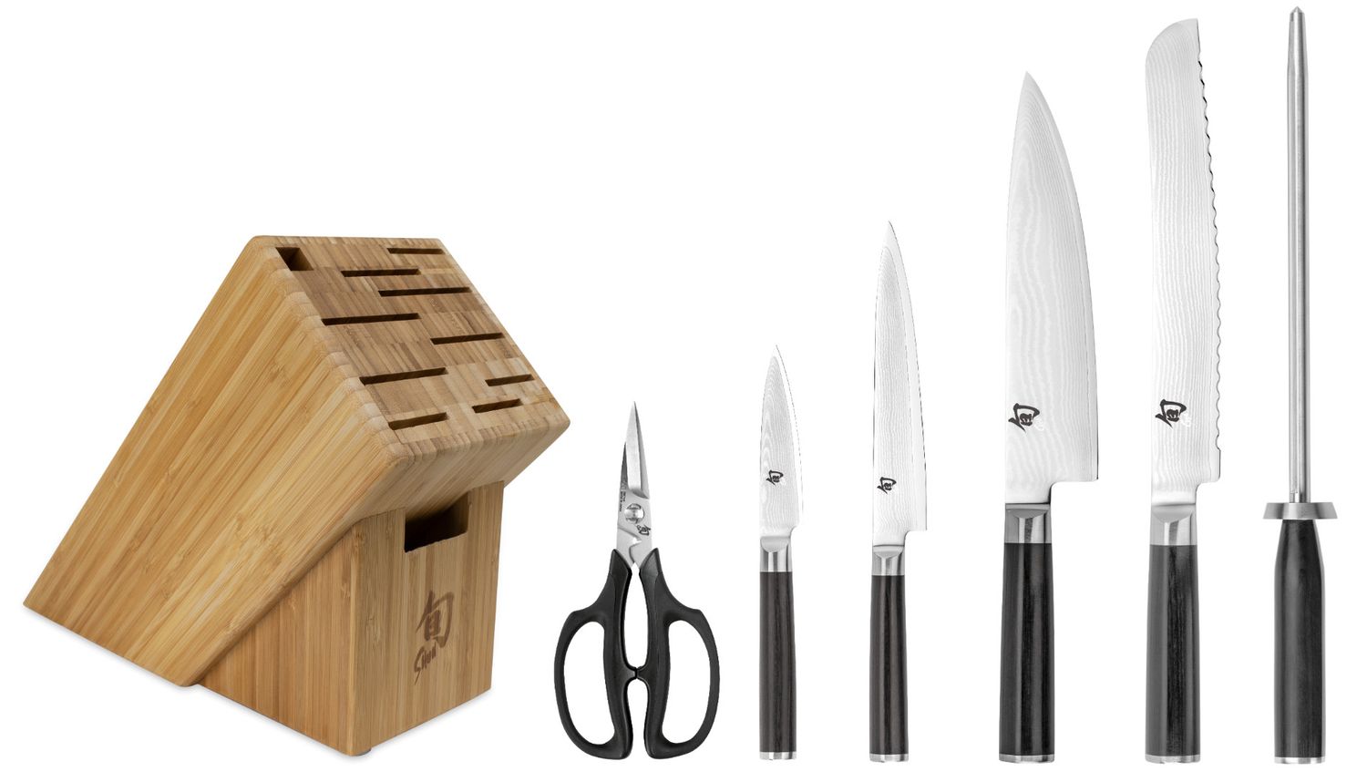 Classic 7 Pc Essential Block Set: Paring 3.5", Utility 6", Chef 8", Bread 9", Combination Honing Steel, Herb Shears and 11-Slot Bamboo Block.