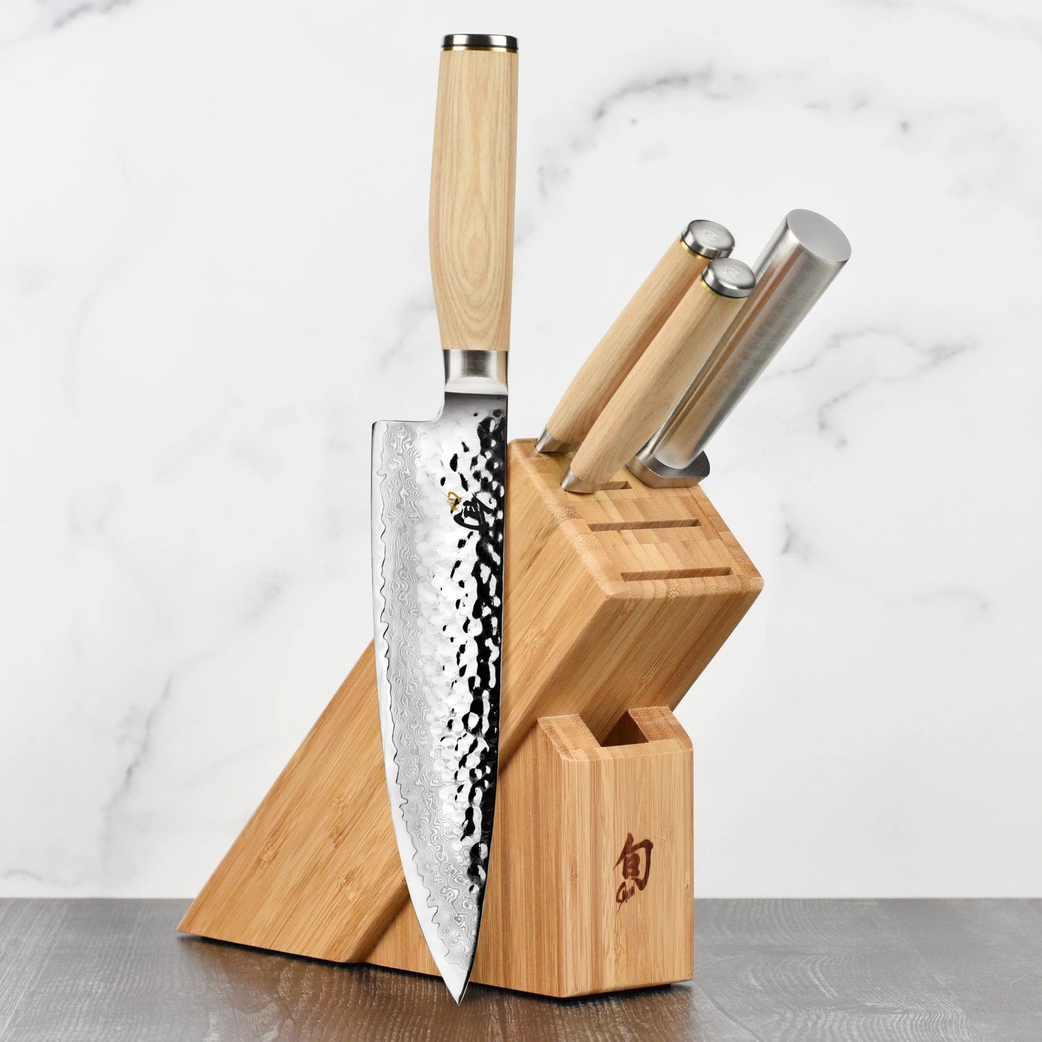 Premier Blonde 5 Pc Starter Set: Paring 4", Utility 6.5", Chef's 8", Satin Steel Combination Honing Steel, 6-Slot Slimline Block (DM0845)