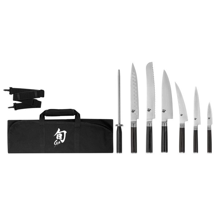 Classic 8 Pc Student Set: Paring 3.5", Utility 6", Chef's 8", Bread 9", H.G. Slicing 9", Boning/Fillet 6", Combination Honing Steel and Shun Knife Roll 8-Slot (DM0880).